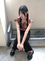 ピコットタイダイプリントリボンストリング半袖Tシャツ / Picot Tie Die Printed Ribbon String Short-Sleeved T-Shirt