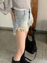 フリンジアンバランスデニムショートパンツ / Kaichi Fringe Unbalanced Light Blue Denim Shorts Pants