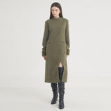 ヘリングボーンスリットロングドレス / Herringbone Slit Long Dress (Khaki)