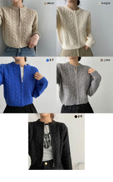 ツイストドーナツパターンクロップドニットジップアップ / Twisted Doughnut Patterned Cropped Knit Zip-Up