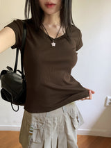 セルVネックスリムリブド半袖Tシャツ
