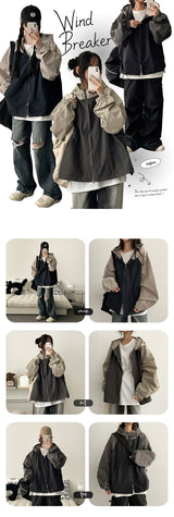 Pingdi Raglan Coloring High-Neck Hooded Windbreaker Two-Way Jumper
