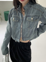 ピバーツノーカラーツーウェイジップクロップドデニムジャケット/ Peeverts no-collar two-way zip cropped denim jacket