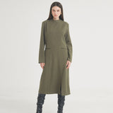 ヘリングボーンスリットロングドレス / Herringbone Slit Long Dress (Khaki)