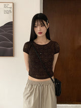 レイヤードシースルーレースパフ半袖Tシャツ/Poel layered see-through lace puff short sleeve T-shirt
