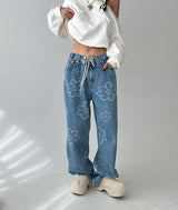 Flower string denim wide pants