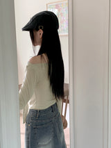 [Scape set] Kenin Shirring Pleated Off-Shoulder Crop Long-Sleeved T-shirt