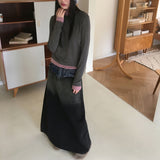 Toojen Unique Coloring Layered Back-Slit Washed Denim Long Skirt