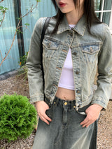 ルンマビンテージウォッシュドスリムクロップデニムジャケット