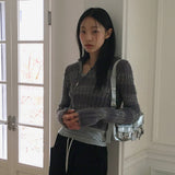 Nier angora fur color combination striped diagonal zipper slim long sleeve knit