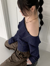 デニムバックジッパーステッチオフショルダークロップド長袖Tシャツ / denim back zipper stitch off-shoulder cropped long-sleeved T-shirt
