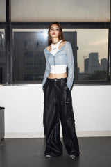 Fake two-piece cardigan (Blue)