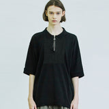スクエアチェスト ジッパーアップ ポロニットTシャツ / square chest zipper-up polo knit t-shirt black