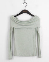 Twill ribbon strap off-shoulder slit cropped long-sleeved T-shirt
