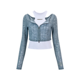 Fake two-piece cardigan (Blue)