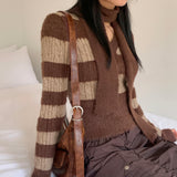 [Muffler set] Prina V-neck angora color combination striped crop long sleeve knit