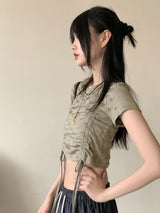 ブライジングウォッシングストリングシャーリングパンチングクロップド半袖Tシャツ