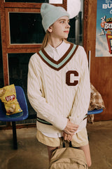 ブラウンCワッペン ミントラインVネックニット・アイボリー［ユニセックス］/ Brown C Patch Mint Line Ivory Unisex V-Neck 