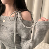 [Flat Fleece-Lined/Slim Fit!] Mayon リボンワンショルダーオフショルダーニットTシャツ