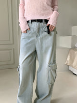 Washed Pocket Cargo Light Blue Long Wide Denim Pants