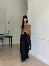イクストライプボタンスリットオフショルダー長袖Tシャツ