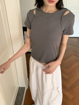 Picto layered shoulder split short sleeve T-shirt