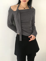 ペンネ 起毛ストラップシャーリングスクエアネックTシャツ