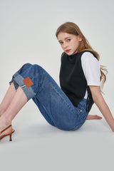 ストレートフィットロールアップ刺繍デニムパンツ / STRAIGHT FIT ROLL UP EMBROIDERY DENIM PANTS [6863]