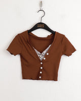 カタル一体型レースVネッククロップ半袖カーディガン/ Catal all-in-one lace V-neck cropped short-sleeved cardigan