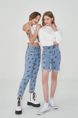 ストレートフィットチェリー刺繡クロップドデニムパンツ/ STRAIGHT FIT CHERRY EMBROIDERY CROPPED DENIM PANTS [6811]