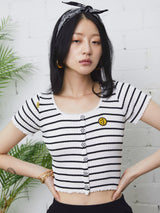 ボタンディティールストライプニットクロップトップス/BUTTON DETAIL STRIPED KNIT CROP TOP OFF WHITE (6586891010166)