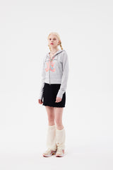 WITTY BUNNY SPLIT GRAPHIC CROP HOODIE ZIP UP [MELANGE GRAY]