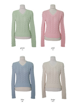 [S-L] Vネックケーブルコットンニット (11color)