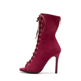 Suede Lace-Up Open Toe Heel(Burgundy)
