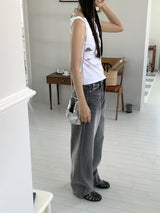 Bertie Gray Washed Stitch Long Wide Denim Pants