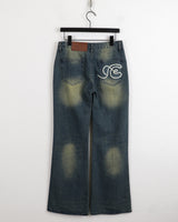 インフィレトロウォッシュインシジョンヒッププリントブーツカットデニムパンツ/Infi Retro Washing Incision Hip Printing Bootcut Denim Pants