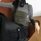 ワープツートン配色ストラップクロップ長袖Tシャツ