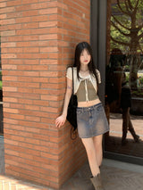 バターシースルーバタフライ刺繍ストリングクロップド半袖カーディガン / Butter see-through butterfly embroidery string cropped short-sleeved cardigan
