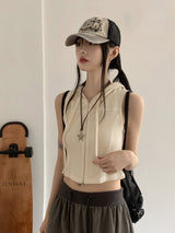 ワズスリムフィットワッフルツーウェイノースリーブベストクロップドフーディージップアップ / Waz Slim Fit Waffle Two-Way Sleeveless Vest Cropped Hoodie Zip-Up