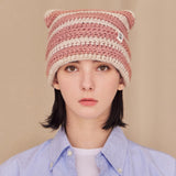 Square Label Stripe Crochet Beanie / Pink