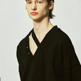 vネックレイヤードストリングピアススウェット / v-neck layerd string pierced mtm black