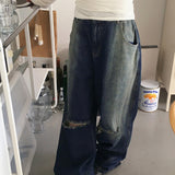 Tiso ダメージバックバンディングウォッシュドデニムロングワイドパンツ