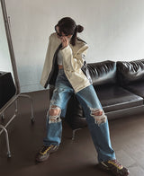 (UNISEX) ナイン 配色 レーシング レザージャケット