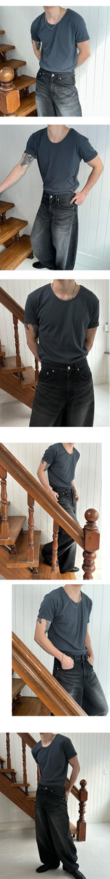[MUSCLE FIT] Golgi u neck half t-shirts(4color)