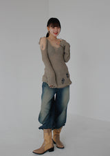 リボンオープンショルダーニット / Ribbon Open Shoulder Knit (4color)