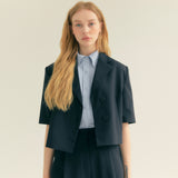 ストライプリンクルポケットクロップシャツ / Stripe Wrinkle Pocket Crop Shirt (Light blue)