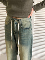 Aker string washing wide denim pants