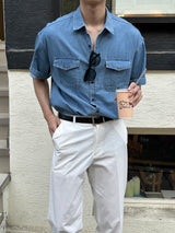 セミオーバーボタンハーフデニムシャツ  / LMN Semi-Over Button Half Denim Shirt (2 colors)