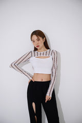 ライン ブラックホール メッシュ クロップ Tシャツ / TOP(9369) Line Black Hole Mesh Crop Tee