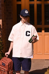 Cパッチユニセックス半袖オクスフォードシャツ / C Patch Short-Sleeved Unisex White Oxford Shirt